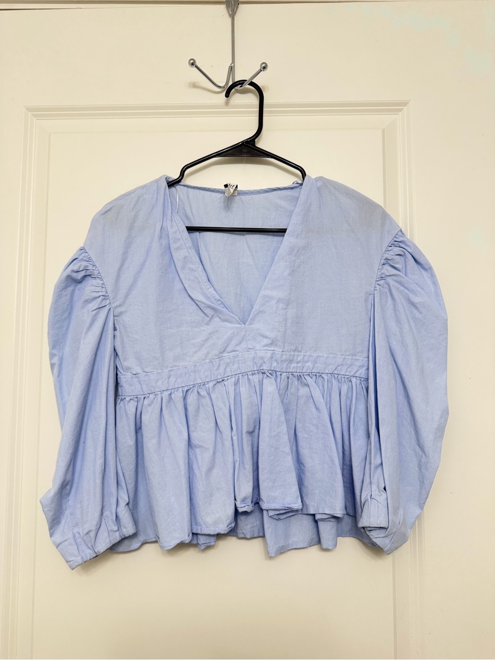Zara Light Blue V-Neck Peplum Blouse with Puff Sleeves